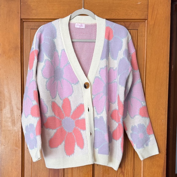 Pink Lily Floral Cardigan in Cream, Pink, and Purple - Picture 1 of 3